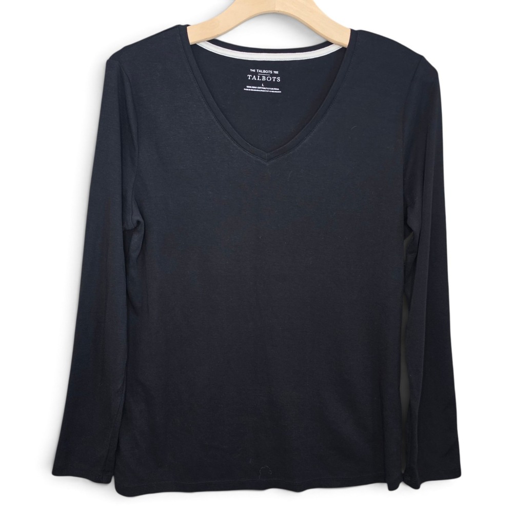 Talbots Top Womens Large L Black Pima Cotton Long Sleeve V Neck Tee Shirt Basic